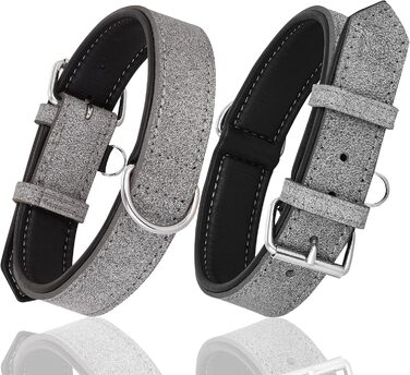 Riparo Genuine Leather Adjustable Dog Collar with Additional Reinforcement (: 4.5CM Wide for 53.4CM - 63.5CM Neck, ) (XL, Grey/White Thread)