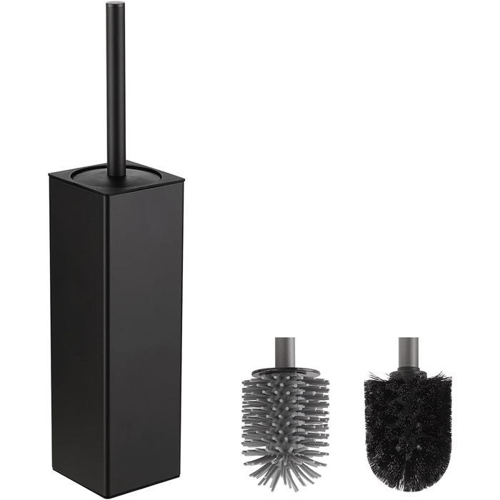 Чорна щітка для унітазу BVL з тримачем, метал, з 2 насадками, квадратна, силіконова, для ванної кімнати