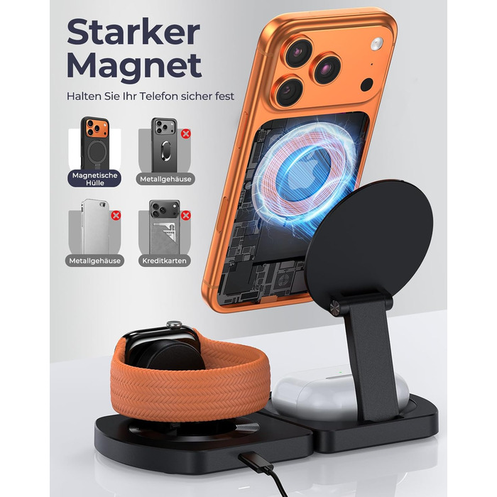 Бездротова зарядка Induktive для iPhone 17 Air/16/15/14/13/12, 3-в-1 з підтримкою MagSafe, Apple Watch та AirPods, чорний матовий