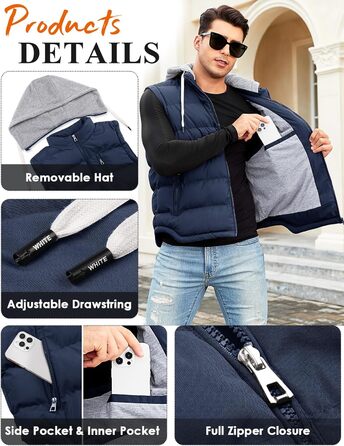 Чоловіча степна жилетка Vancavoo з капюшоном, тепла зимова жилетка для активного відпочинку, спортивна жилетка, перехідна куртка (темно-синій, L)