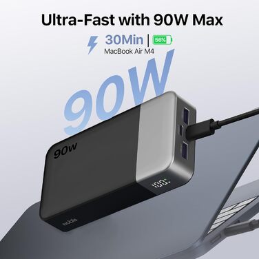 Потужний павербанк NOBIS 20000mAh 90W з підтримкою швидкої зарядки, 4 порти USB-C/USB-A для ноутбуків Dell, Lenovo, Steam Deck та смартфонів Samsung Galaxy, чорний