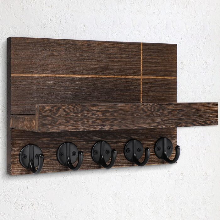 Wall-Mounted Key Holder – 24.9 x 17 x 10.7 cm, Decorative Wall Shelf with Hooks for Keychains, Dog Leash, Wallet, Purse – Real Paulownia Wood, Entryway Shelf for