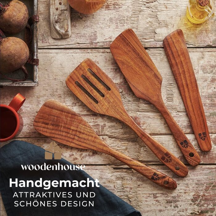Набір дерев'яних лопаток для кухні Pfannenwender Holz (4 шт.) - лопатка, ложка-шумівка, шпатель, скребок. Без BPA, міцний кухонний посуд для антипригарних сковорідок