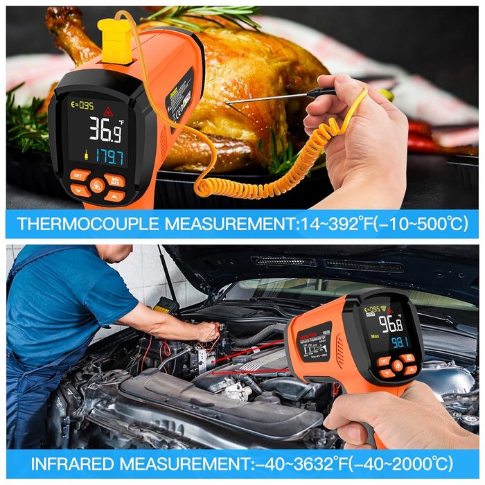 Інфрачервоний термометр MESTEK: цифровий лазерний пірометр з K-зондом (-50°C ~ 800°C), безконтактний, з LCD-дисплеєм, сигналізацією, регулюванням коефіцієнта випромінювання для кухні, гриля, авто