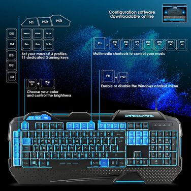 Набір для геймінгу EMPIRE GAMING Hellhounds: Клавіатура, миша, килимок для миші - програмування через ПЗ, RGB підсвічування, 7200 DPI, сумісність з Windows