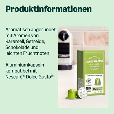 Кавові капсули Amazon з алюмінію, сумісні з Nespresso, легкого обсмаження, м'який еспресо, 100 шт (5 упаковок по 20 шт), сертифікат Rainforest Alliance
