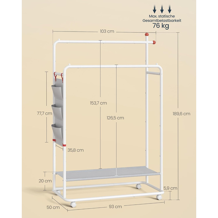 Стойка для одежды SONGMICS HOME на колесах, гардеробна стійка з 2 перекладинами, полиця, бічний органайзер, гачки у формі сірника, стабільна, для спальні, передпокою, HSR171B01 (50T x 189,6H cm, Матовий)