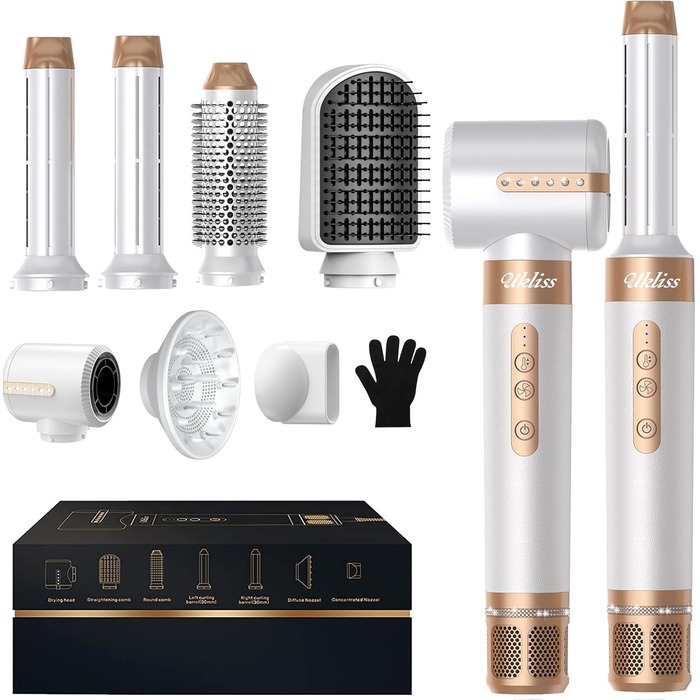 UKLISS Airstyler Pro 7-в-1: Фен, стайлер, завикучувач. Професійний набір для волосся з автоматичною завивкою, брашінгом та випрямленням. Зменшення пухнастості, без екстремального нагріву. Білий, золотий
