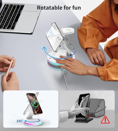 Зарядний пристрій MagSafe 3-в-1 для Apple Watch та iPhone, складний, поворотний з регулюванням світла, бездротовий зарядний станція MagSafe для iPhone 16/15/14, AirPods (без адаптера)