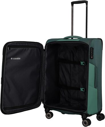 Travelite 4-Wheel Luggage Size L, Softshell made from recycled material, Luggage Series VIIA: Trolley with expandable gusset + edge protection, 77 cm, 91-103 liters (Trolley M extended (67 cm), Eucalyptus (Green))