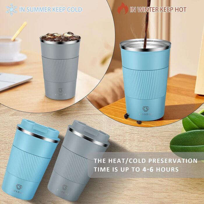 Термокружка CS COSDDI з нержавіючої сталі, 380 мл, для кави, води та чаю, з кришкою, для подорожей та авто, сірий колір