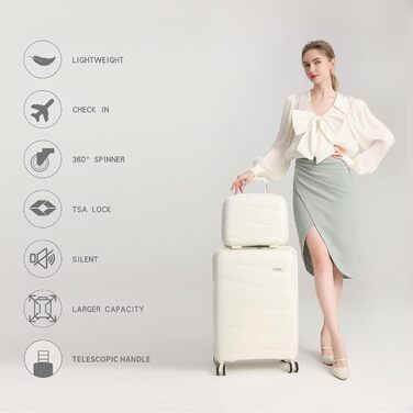 Набір валіз KONO 2 шт: ручна валіза-тележка 56 см + косметичка з поліпропілену, жорсткий корпус, 4 колеса, TSA-замок (кремово-білий)