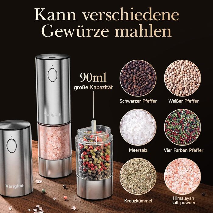 Variglas Salt and Pepper Mills Electric 2-Piece Set with USB Rechargeable, Improved Large Capacity Electric Spice Grinder, Adjustable Coarseness, LED Light (01S)