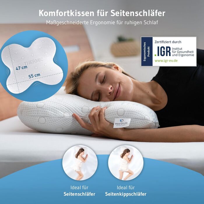 Ергономічна подушка для сну на боці ACAMAR (Memory Foam) з терморегулюючим чохлом, форма метелика, біла