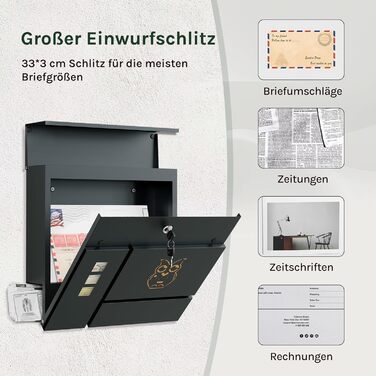 Поштова скринька WOLTU XXL з газетницею, оглядовим вікном, замком та 2 ключами, антрацит+жовтий (10,5x37x37 см)