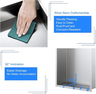 KINKIBOS Wall Niche Shower Stainless Steel, No Tiles Required, Recessed Shower Niche 60 x 30 x 10 cm, Shower Niche Single Shelf Storage