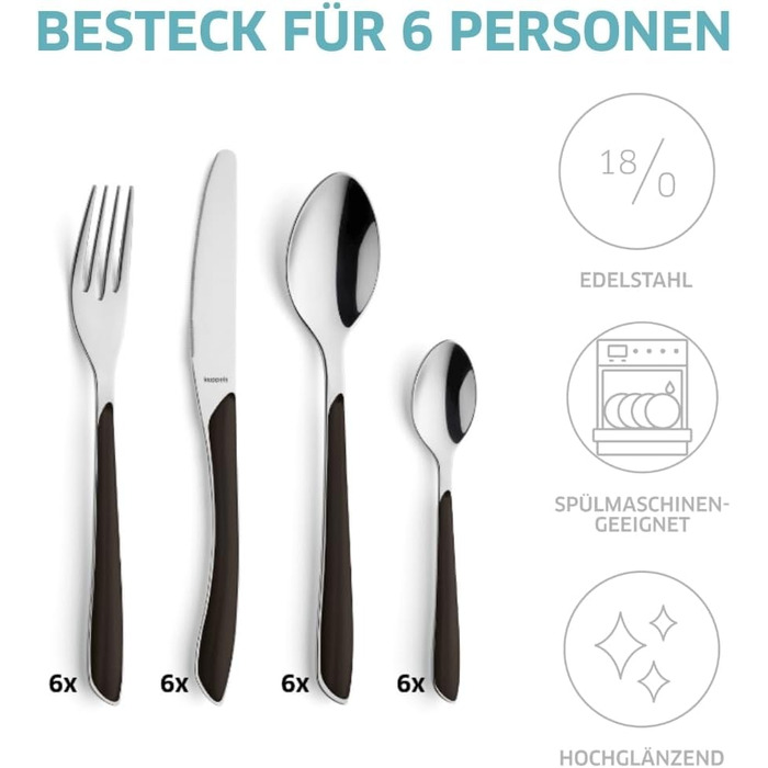 Kuppels PRISMA Cutlery Set for 6 | 24-Piece Cutlery Set | Camping Cutlery Set for 6 | Cutlery with Black Plastic Handles | Dinner Cutlery | Dishwasher Safe