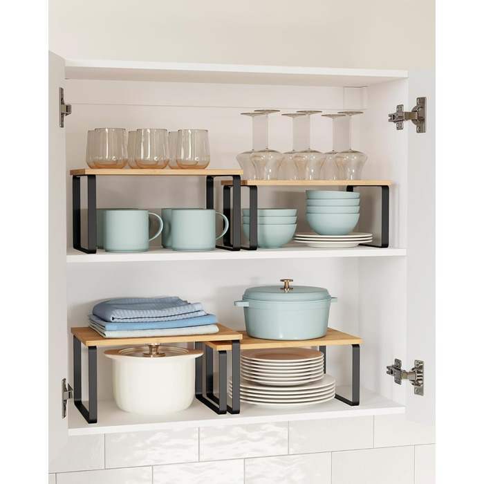 SONGMICS Spice Rack, 4-Piece Set, Kitchen Shelf, Kitchen Organizer, Expandable, Spice Holder, Stackable, with Metal Frame, 19.5 x 29.7 x 15.8 cm, Ink Black-Natural Beige KCS10NB