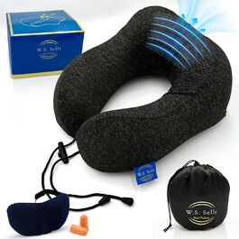 Подушка для шиї W. S. Sells з Memory Foam, комплект для подорожей (маска для сну, навушники, чохол), чорна