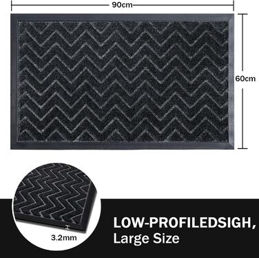 Гумовий килимок Purejoy 60x90 см для дому та вулиці. Нековзкий, миється, для входу. Темно-сірий, для низького порогу.