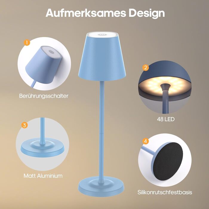 Світлодіодна настільна лампа 3-в-1 бездротова з акумулятором 5500mAh, регульована висота, димування, 3 кольори світла - USB лампа настільна металева водонепроникна сенсорна для дому та вулиці, комплект 2 шт. (Синій, 38.5x11.2x11.2 см)