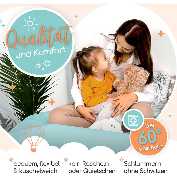 Надувне дитяче ліжко для подорожей - ліжко з захистом від падіння та вбудованим насосом - Портативне дитяче туристичне ліжко з тканиною Oeko-Tex - Ідеально для кемпінгу, готелів та дому (1 шт, 180 см)