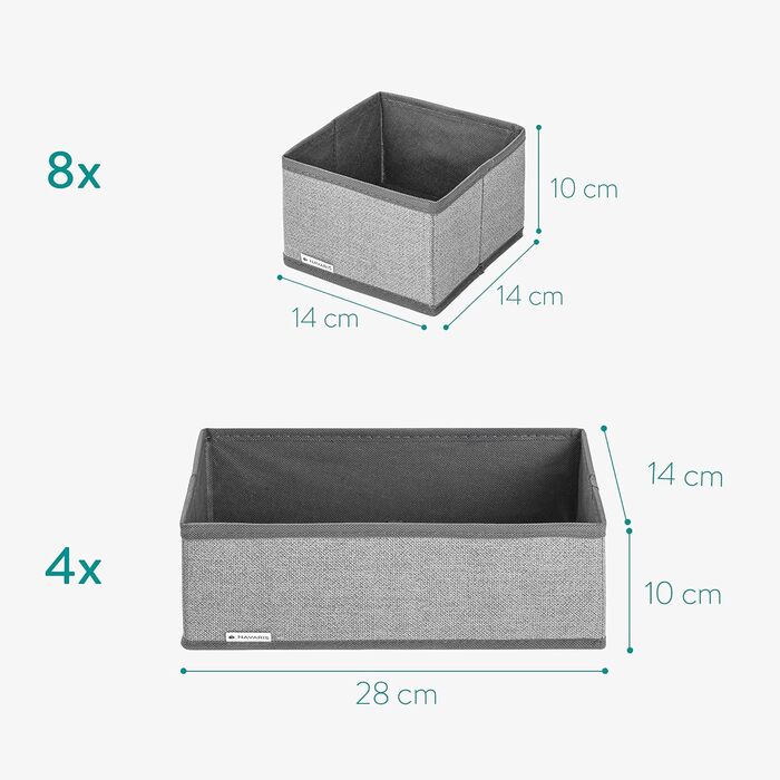 Navaris Storage Boxes Organizer System - Fabric Boxes - 12 Pieces in Various Sizes - for Wardrobe and Drawers - Foldable