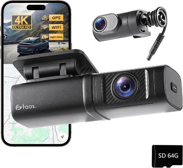Відеореєстратор Faas Dashcam Auto Vorne & Hinten: 4K Dual, 64GB MicroSD, G-сенсор, час затримки, нічне бачення, режим паркування, циклічна запис – Чорний