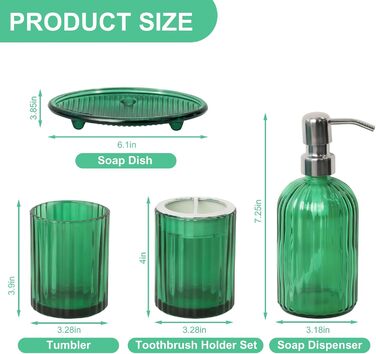 Umimile Bathroom Accessory Set, 6-Piece, Green Glass, Complete Toothbrush Holder, Cup, Lotion Dispenser, Soap Dish, Vanity Organizer, Aromatherapy Cup for Apartment, Bathroom Decor (Creen, 4 Pcs Bathroom Set)