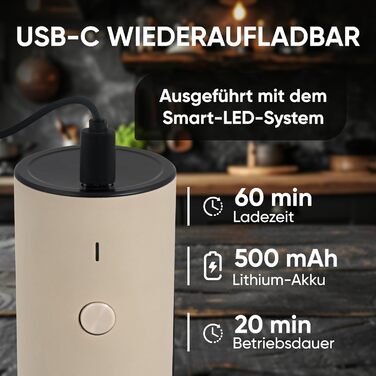 Electric Pepper and Salt Grinder Set - 75 ml Beige Edition - USB-C Rechargeable - 6 Adjustable Grind Sizes - Stylish Beige Stainless Steel Design with LED Light