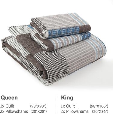 Набір постільної білизни Finlonte Queen-Size: ковдра та підковдра, 100% бавовна, в клітинку, стиль фермерський дім, сучасний, двосторонній, легкий, м'який, блакитно-коричневий, степна ковдра, для ліжка Queen (90'x98')