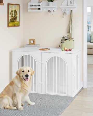 Hzuaneri Modern Dog Crate Furniture - Indoor Dog Kennel with 3 Doors & Tabletop - Durable White Dog Cage 108x64x76cm (DFC86013W)