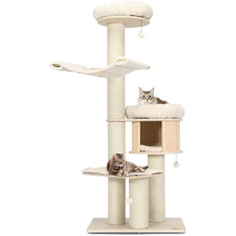 Дерев'яний котячий комплекс COSTWAY 197 см з гамаком, будиночком та кошиком, 7-ярусний, бежевий