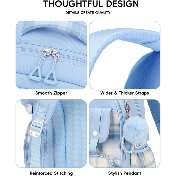 Шкільний рюкзак Tanou для дівчаток-підлітків, великий набір з сумкою через плече, в клітинку, 26L, блакитний