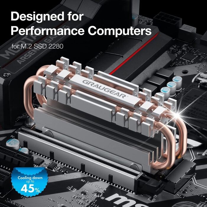 Радіатор для SSD M.2 2280 NVMe SATA з тепловою трубою, подвійний мідний радіатор, алюмінієва пластина, 2 термопади, 3.4 см [G-M2HS06]