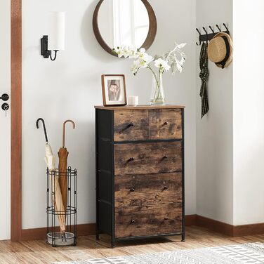 SONGMICS Chest of Drawers, Storage Cabinet, 5 Fabric Drawers, for Entryway, Living Room, White-Oak Finish LTS514W57 (Rustic Brown + Black)