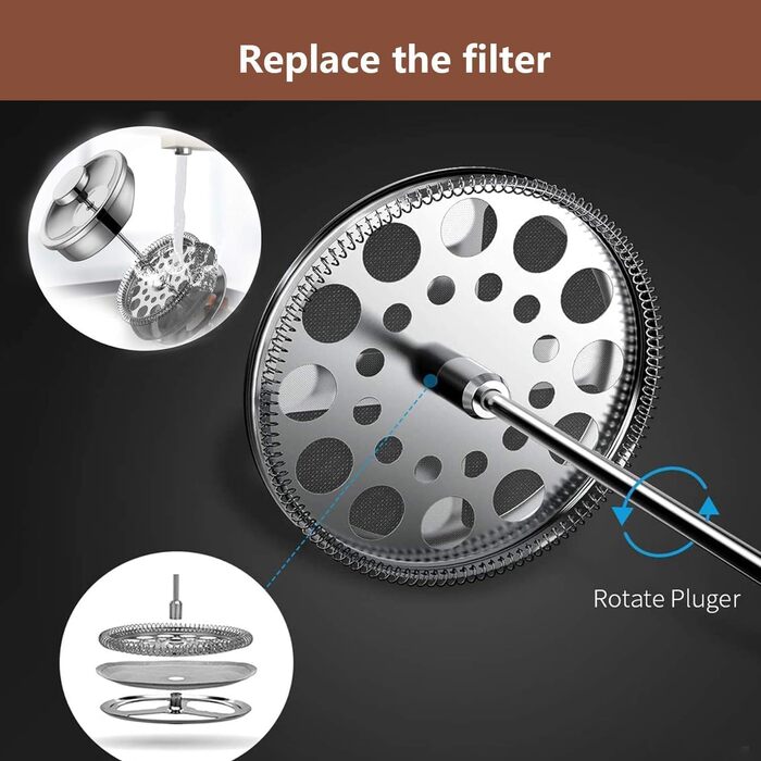 Френч-прес для кави, 600 мл, нержавіюча сталь, з 3-рівневою фільтрацією, подвійні стінки, з ложкою, сріблястий