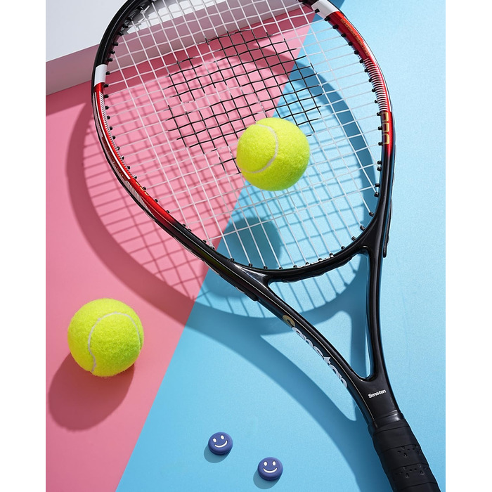 Senston Adult Tennis Racket Set - 2 Rackets, 3 Balls, 2 Grips, Vibration Dampeners (Red & Blue)