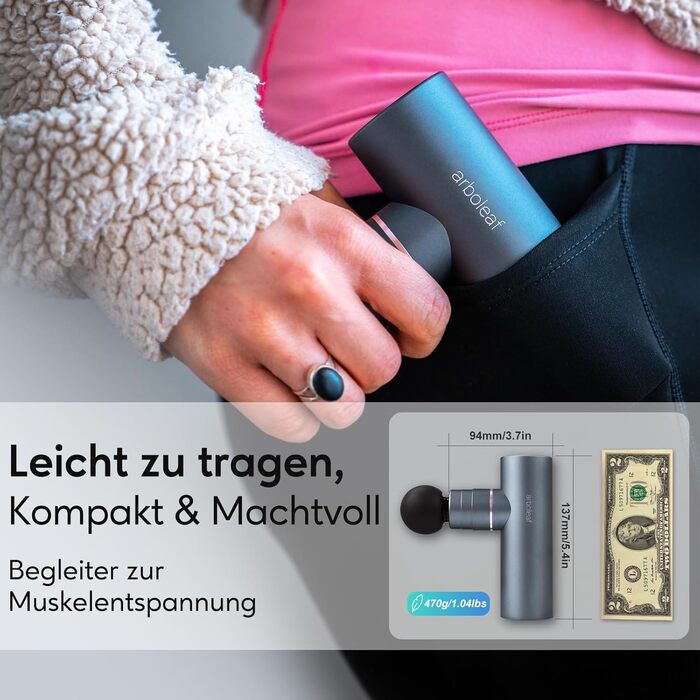 Масажер для м'язів Arboleaf Mini: тиха модель з AI, 4 насадки, USB-C, сірий