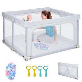 COSTWAY 124 x 124cm Baby Playpen, foldable, portable playard with 50 balls, 4 handles, locking function, crawling gate with net walls & door, playpen tent for infants & children (Light Grey)