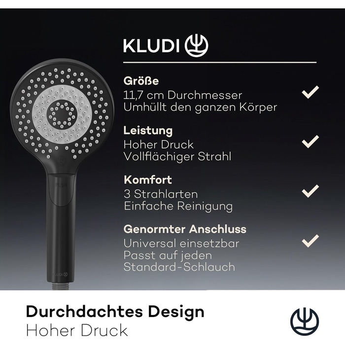 KLUDI-X3 Universal Shower Head with Hose, Shower Spray Optional - Water-Saving with 3 Spray Patterns (Body, Hair, Skin), Easy-to-Clean Shower Head Ø 11.7 cm, Shower Hose 1.60 m (3 Spray Patterns, Matte Black)