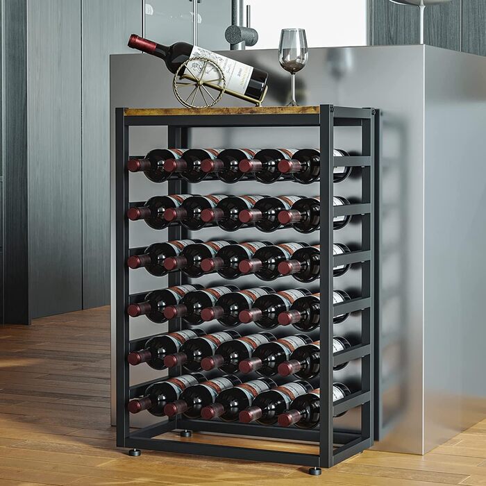 Dripex Wine Rack for 30 Bottles, Bottle Shelf with 6 Tiers, Vintage Metal Wine Stand for Cellar, Bar, and Storage Room, Bottle Holder with Tabletop 59 x 30 x 88 cm, Vintage Brown-Black