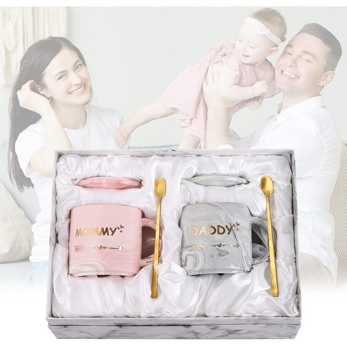 WUWEOT 350ml Coffee Mug Set Ceramic Mommy and Daddy Pair Mugs with Marbling Patterns Coffee Cups Set Gift Set with Lid Spoon Gift Box Perfect for Coffee, Tea, and Water