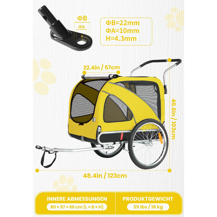 SEPNINE® Причіп для собак на велосипеді XL, 2-в-1: причіп та візок для бігу, з відбивачами та гальмом, матеріал 600D Oxford Canvas, максимальне навантаження 40 кг, помаранчевий (жовтогарячий)