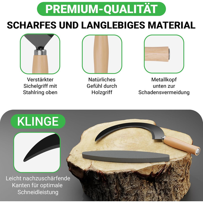 ALBAJ Sickle with Wooden Handle - traditional sharp sickle - sustainable scythe 35x22 cm - includes free sharpening stone – robust sickle for grass