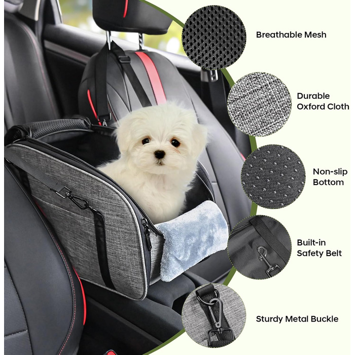 Автокрісло для собак Petzauber - зручне автокрісло для маленьких та середніх собак, сірого кольору, з подвійним ременем безпеки та неслизьким дном