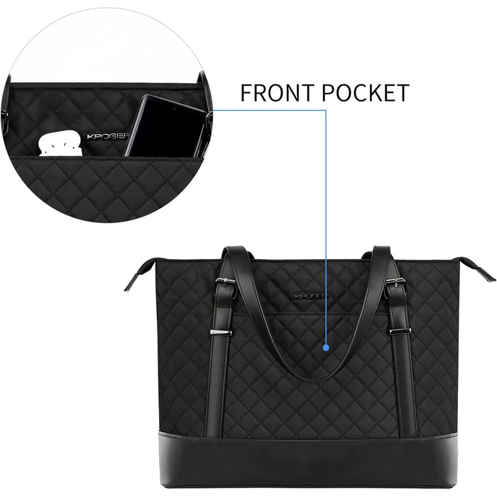 Сумка для ноутбука KROSER жіноча чорна елегантна 15.6 дюймів, велика легка сумка-тоут для бізнесу, школи, подорожей - стебнована