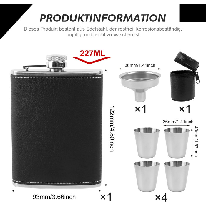 Фляга з нержавіючої сталі 8oz (240 мл) з набором: воронка та 4 стаканчика. Ідеальна для туризму, весілля, кемпінгу, альпінізму, пікніків (чорна)