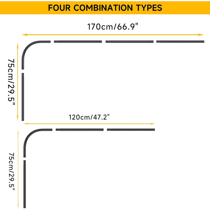 Штанга для душу L-подібна, регульована, 75-170 см, нержавіюча сталь, чорний колір, з кільцями для душу, для ванної кімнати, ванни, роздягальні