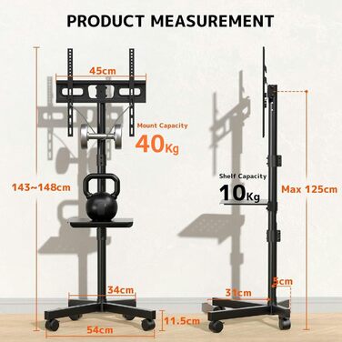 Підставка для телевізора на колесах для 23-60 дюймів - регульована по висоті, мобільна, з полицею для медіа, для офісу, вітальні, геймінгу, витримує до 40 кг, VESA до 400x400 мм, чорна